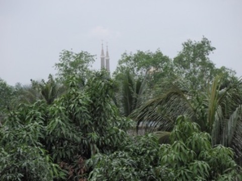 Photo taken a little way down the same road. You can see the minarets of the Crystal Mosque just over the trees